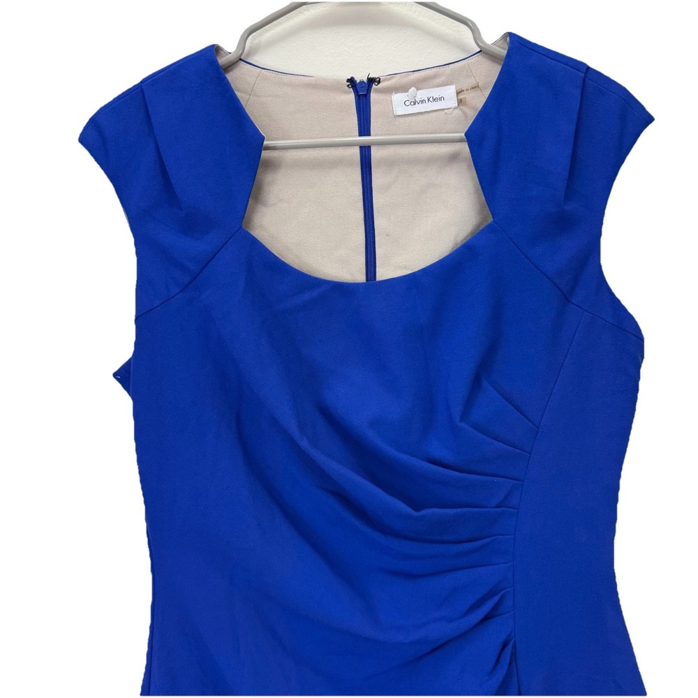 Calvin Klein Blue‎ Side Ruched Horseshoe Neck Sleeveless Sheath Dress Size 8 - Picture 4 of 10